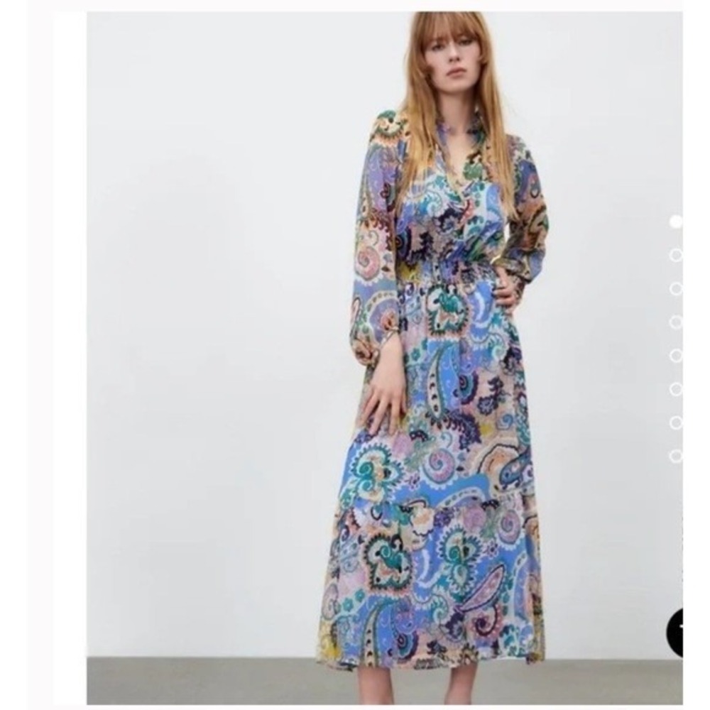 Zara Paisley Midi Dress Women Medium Multi-Color Smocked Waist Ruffle Chiffon
